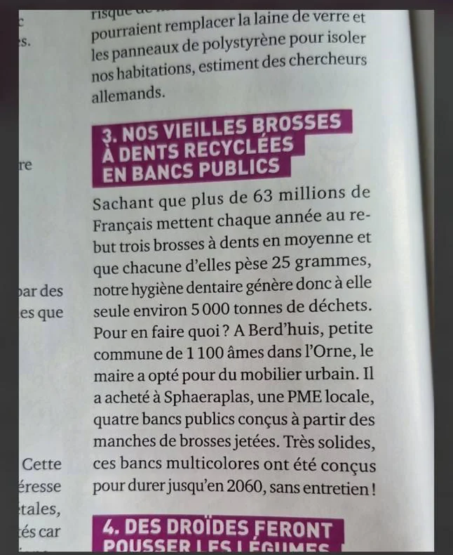 Article de Capital évoquant les bancs Sphaeraplas en brosses à dents recyclées à Berd'huis